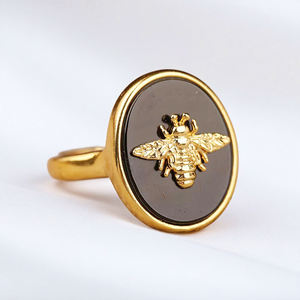 14k Gold Plated Oval Black Agate Gemstone <b>Bee</b> Charm Ring - Collet Gemstone Ring for Wholesale - 925 Silver Ring - Product Image 1