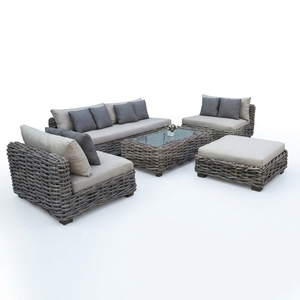 Grey <b>rattan</b> outdoor set chunky woven <b>sofa</b> set 5 piece patio lounge set grey wicker sectional <b>sofa</b> outdoor ottoman glass coffee t - Product Image 1