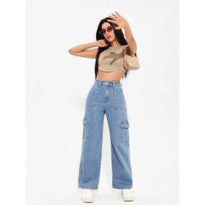 Pantalon cargo en jean stretch écologique de luxe taille haute Y2K bleu glace pour femme, multipoches, coupe droite, style décontracté urbain - Product Image 6