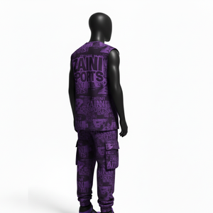 Conjunto de 2 piezas para hombre: Top sin mangas con logotipo gráfico sublimado en poliéster spandex morado de 220 GSM premium y pantalones cargo. - Product Image 5