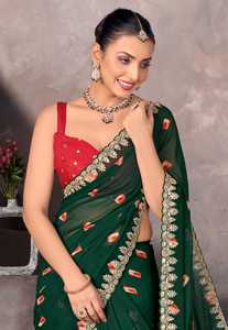 Saree de seda Georgette suave de diseñador con hermosas lentejuelas bordadas para funciones de fiesta o boda - Product Image 2