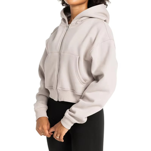 Sweat à capuche de couleur unie en polaire éponge française de haute qualité avec logo personnalisé 100% sweat-shirt en coton surdimensionné à fermeture éclair pour femmes sweat à capuche court - Product Image 2
