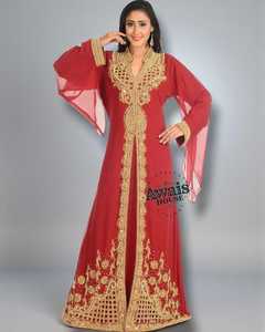 Kaftan marocain en polyester pour femmes, fait à la main, orné de perles et de paillettes, design uni, grande taille, léger, longueur au sol, manches longues, col haut - Product Image 3