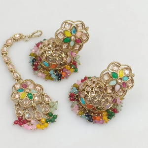 LATEST FLOWER INDIAN GOLD PLATED TRADITIONAL and <b>FASHIONABLE</b> MOTIPEARL JUMKHA <b>EARRINGS</b> and MANGTIKKA SET for WOMEN & GIRLS - Product Image 1