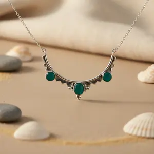 Women's 925 <b>Silver</b> <b>Necklace</b> Green Gemstone Cushion Cut <b>Diamond</b> 14K Gold Rhodium Plated Box Chain Geometric Pattern Pearl Gift - Product Image 3