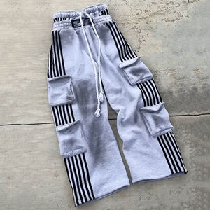 Pantalones cargo personalizados con múltiples bolsillos, pantalones de chándal holgados lavados de algodón pesado con cintura doble a rayas y pierna ancha French Terry - Product Image 2