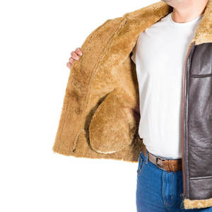 Men's Genuine Leather Aviator <b>Jacket</b> <b>With</b> Faux Fur <b>Lining</b> Windproof Winter Biker Coat Regular Fit Turndown Collar Zipper Closure - Product Image 5