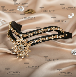 Bride de luxe en cuir noir faite à la main avec bandeau de tête de cheval en cristal double rangée, centre de table en fleurs or champagne, accessoire de bride en forme de V - Product Image 2