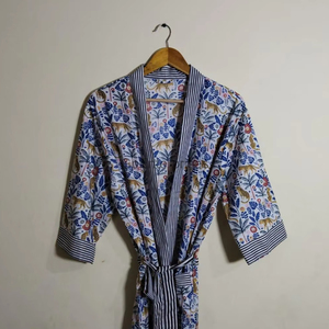 Femmes bleu coton imprimé Animal col en v pleine longueur doux décontracté été Robe de chambre automne printemps demoiselles d'honneur Kimono Robe - Product Image 1