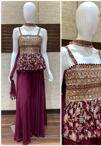 Kurta กางเกงผ้าโปร่งพิมพ์ลายสำหรับผู้หญิง,ผ้าโปร่งแขนพิเศษงานเย็บปักอย่างหนา - Product Image 4