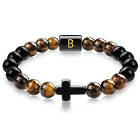Bracelet tendance pour homme en pierre naturelle Œil de tigre, style vintage, avec breloque religieuse en forme de croix, 26 lettres A-Z, 8 mm, marron
