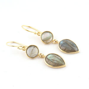 Incroyable boucles d'oreilles rondes en forme de poire, Labradorite naturelle, Double pierre, goutte d'eau, ensemble de lunette plaquée or, pendants d'oreilles - Product Image 1