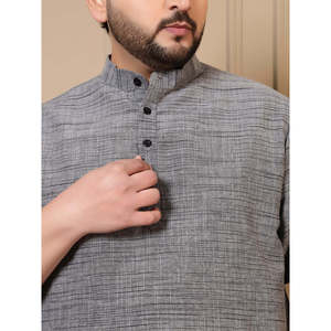 Amanush Men's Gray Striped Cotton Plus Size Casual <b>Mandarin</b> <b>Collar</b> Kurta With Short Sleeve Loose Fit Summer Wear - Product Image 2