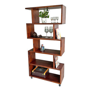 KS68200 Bibliothèque à 5 niveaux en bois d'acacia 80x30x160cm avec roulettes, design moderne et minimaliste portable pour la maison, le bureau ou l'hôtel - Product Image 1