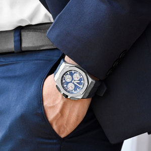 Montre chronographe à quartz de sport de luxe en gros Boîtier en acier inoxydable Cadran bleu 22mm Bracelet en caoutchouc Logo personnalisé Entreprise - Product Image 3