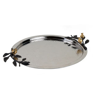 Eco-Friendly Table Decoration Snacks Serving Tray Highest Quality Hammered Metal Tray With Floral Handle For <b>Hotel</b> <b>Supplies</b> - Product Image 2