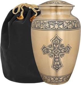 High Quality Brass Cremation Urn <b>for</b> Human Ashes Dark Blue Cross & Floral Engraved Funeral Urn <b>for</b> <b>Sale</b> - Product Image 2