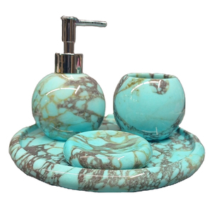 Ensemble d'accessoires de salle de bain 4 pièces en marbre rond, ensemble de bain en marbre bleu ciel, ensemble de bain en marbre rose fait main - Product Image 1