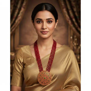 Collar Rani de cuentas de ágata y latón de múltiples hilos con colgante de coral para el festival de bodas hindúes, de la colección Tribal Tales - Product Image 1