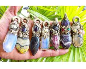 Rara Multi piedra preciosa arcilla polimérica cara diseñador hecho a mano doble piedra preciosa curación cristal colgante étnico joyería antigua colgante - Product Image 3