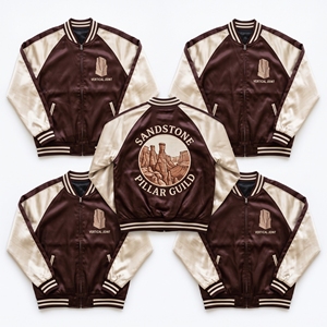 Chaqueta Bomber de Satén al por Mayor con Cremallera, Mangas Raglán, Diseño Gráfico Pillar Guild en Crema Espresso y Arena, Bordado Trasero, Ropa Exterior Estilo Universitario - Product Image 1