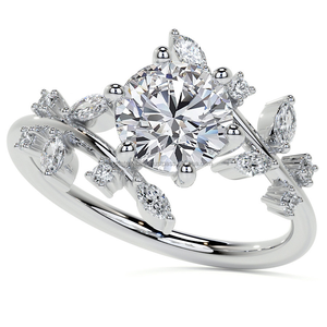 Flor Vintage con forma de hoja Anillo de diamante Corte redondo Moissanite Anillo de diamante artístico único Conjunto de joyería nupcial - Product Image 2