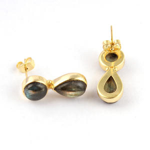 Boucles d'oreilles en labradorite plaquée or, style Unique, boucles d'oreilles rondes en forme de poire, double pierre, bijoux à offrir - Product Image 5