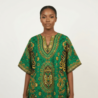 Robe Dashiki Africaine ADI pour Femmes Adultes, Imprimé Bogolan Vert Premium, Lin et Coton, Manches Courtes, Respirante, Écologique, Faite à la Main