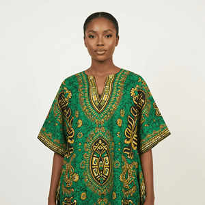 Robe Dashiki Africaine pour Femme - Imprimé Bogolan Vert Premium en Lin et Coton, Manches Courtes, Respirante, Écologique, Coupe Ample Traditionnelle - Product Image 2