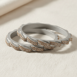Silver Color Lac Fashion Bangle Set with Champagne Rhinestones - Product Image 2