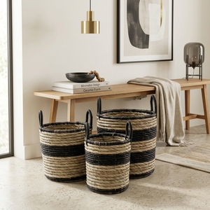Natural Mendong Grass Recycled <b>Plastic</b> <b>Basket</b> Set Black Stripe Coiled Arch Handle Cylinder Pot Planter Pure Art Setup Room Craft - Product Image 6