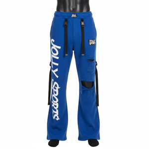 กางเกงผู้ชายทรงขาบาน สัมผัสหรูหรา ผ้าฝ้ายผสมโพลีเอสเตอร์เนื้อนุ่ม 320 GSM สีน้ำเงิน ดีไซน์แผงตัดเย็บแบบมีโครงสร้าง รับสกรีนโลโก้ตามแบบ กางเกงผู้ชาย - Product Image 6