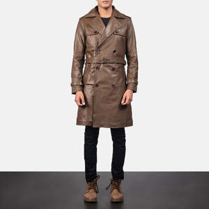 Royson <b>Men's</b> Stylish Brown Leather Duster <b>Coat</b> Hooded Overcoat Trench Blazer Pattern Heavy Fabric Knitted Warm Button Fur Print - Product Image 1