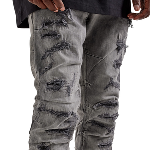 <b>Mens</b> <b>Grey</b> Distressed Denim <b>Jeans</b> Regular Fit Stacked Leg Casual Streetwear <b>Ripped</b> Vintage Washed Cotton XL Mid Waist Breathable - Product Image 3