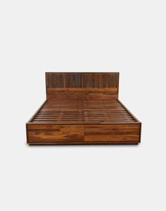 Lit en bois d'acajou floral Lyodra, couleur brun naturel, avec grand tiroir, meubles de chambre à coucher écologiques - Product Image 2