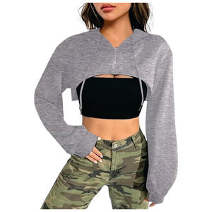 เสื้อครอปแบบมีฮู้ดแขนยาวสำหรับผู้หญิงเสื้อครอปแบบมีซิปรูดออกแบบได้ตามต้องการสไตล์ใหม่ - Product Image 4