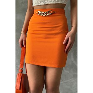 Falda Midi al Por Mayor con Elegante Detalle de Cadena en la Cintura para Mujer, Color Azul Saks Sólido, 100% Poliéster, Estilo Línea A, por TOPSHOW - Product Image 5