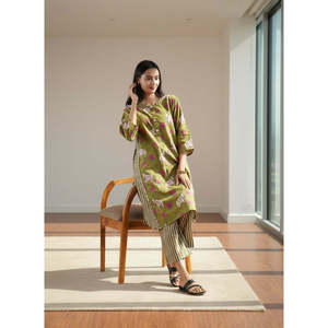 Conjunto Kurta Bohemio Pichwai Color Oliva con Mangas Tres Cuartos para Primavera/Verano - Product Image 3