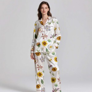 OEM ODM Digital Printed <b>Silk</b> Satin Breathable Pajamas Soft Lightweight Adult Spring Summer Set - Product Image 4