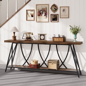 <span class=keywords><strong>Console</strong></span> d'entrée <span class=keywords><strong>rustique</strong></span> en bois, table de canapé à structure métallique stable avec pieds réglables, table de couloir à 2 niveaux pour la maison et l'hôtel - Product Image 6