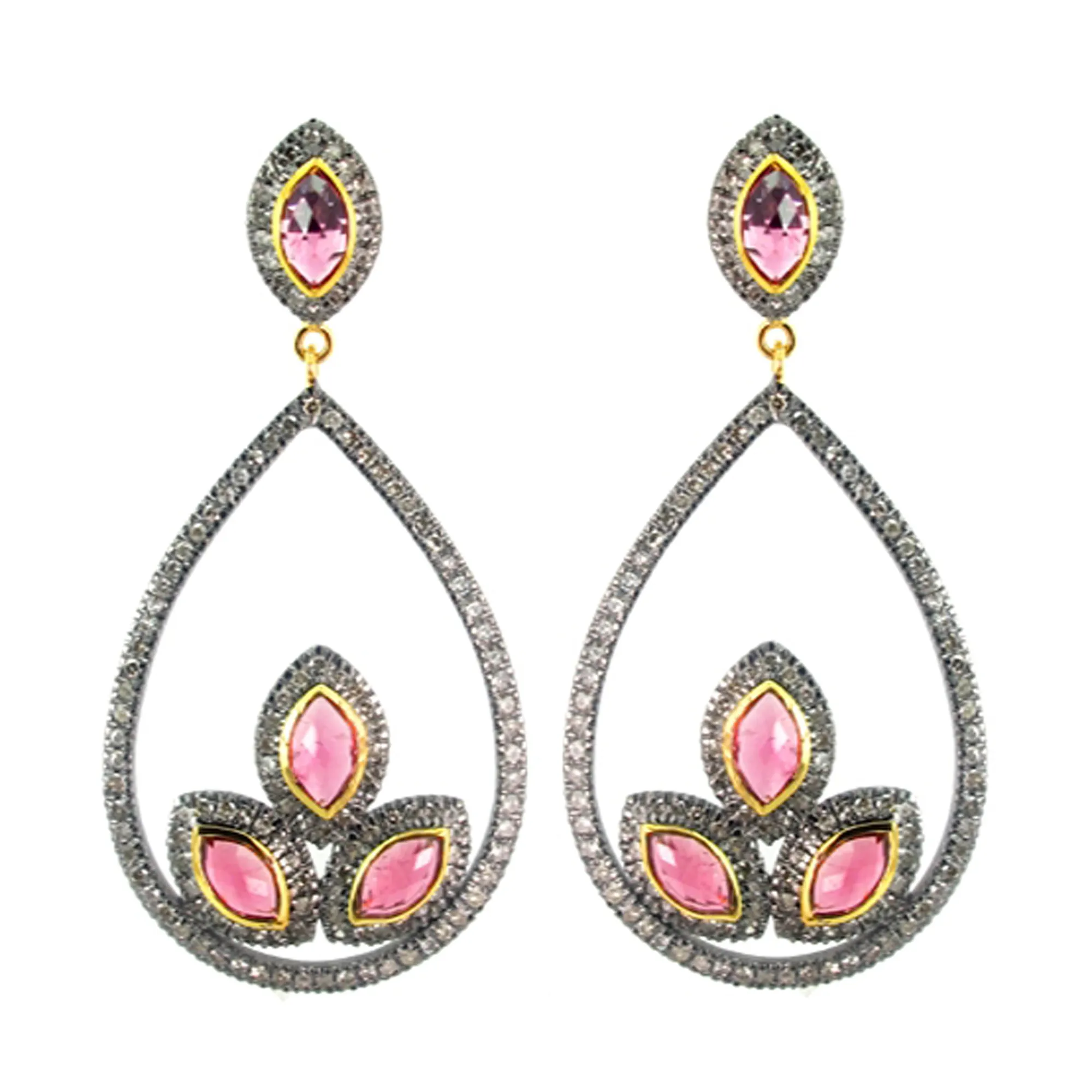 14K Gold Diamond and Pink Tourmaline Gemstone Dangle Drop Earrings 925 Sterling Silver Dangle Earrings Fine Jewelry Wholesaler