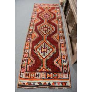 Vintage Kilim Rug 3 X 9.1ft Classic Turkish Design Wool Material with Latex Backing Patchwork Pattern in Red Orange for Teens - Product Image 1