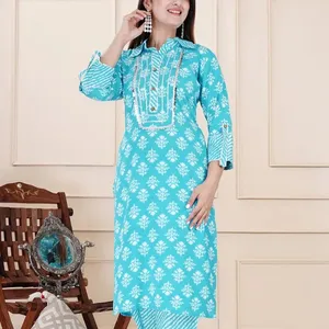 民族服装纯棉Lehriya印花Kurti女式长裤套装，不同尺寸，价格实惠，来自印度