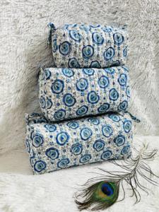 Custom Made Cotton Hand Block Printed <b>Travel</b> Pouch Zippered <b>Set</b> in 3 Sizes Suitable for Home Textile Stores for Resale - Product Image 2