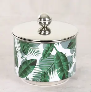 Best Quality Handmade Small Lidded Container with Enameled Leaves Print Used for Storage Snacks and Candies on Table Top Home.