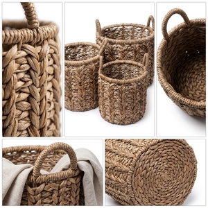 Ensemble de paniers de rangement en écorce de bananier naturelle avec cadre en fer, poignée en chevron tressé, pot cylindrique, décoration artistique pour la maison - Product Image 2