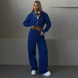 Ensemble décontracté pour femme Yoga Automne Nouveau, couleur unie, cardigan à capuche court à taille basse, pantalon de survêtement à lacets, polyester respirant - Product Image 3