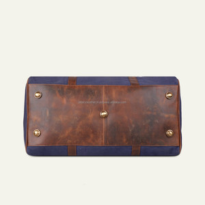 Bolso de lona azul hecho a mano, cuero genuino, Ligero, portátil, logotipo personalizado, cremallera para fines de semana, negocios, actividades al aire libre - Product Image 3