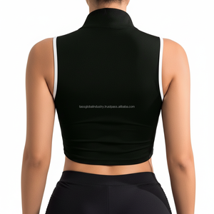 เสื้อครอปแขนกุดคอสูงสำหรับผู้หญิง แบบซิปครึ่งตัว ทรงสลิมฟิต บราในตัว แต่งขอบตัดกัน เหมาะสำหรับโยคะและออกกำลังกาย - Product Image 2