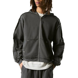 High Quality Oversized Boxy Acid Washed Eyelet Zip up Loopback Hoodie Outside Seam Detail Raw Edge Man Tracksuit Set - Product Image 1